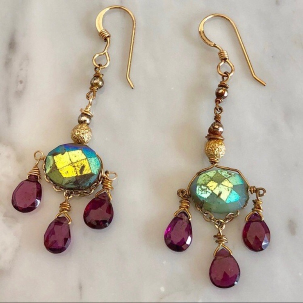 New Genuine Natural Mystic Labradorite Garnet Gold Filled Earrings